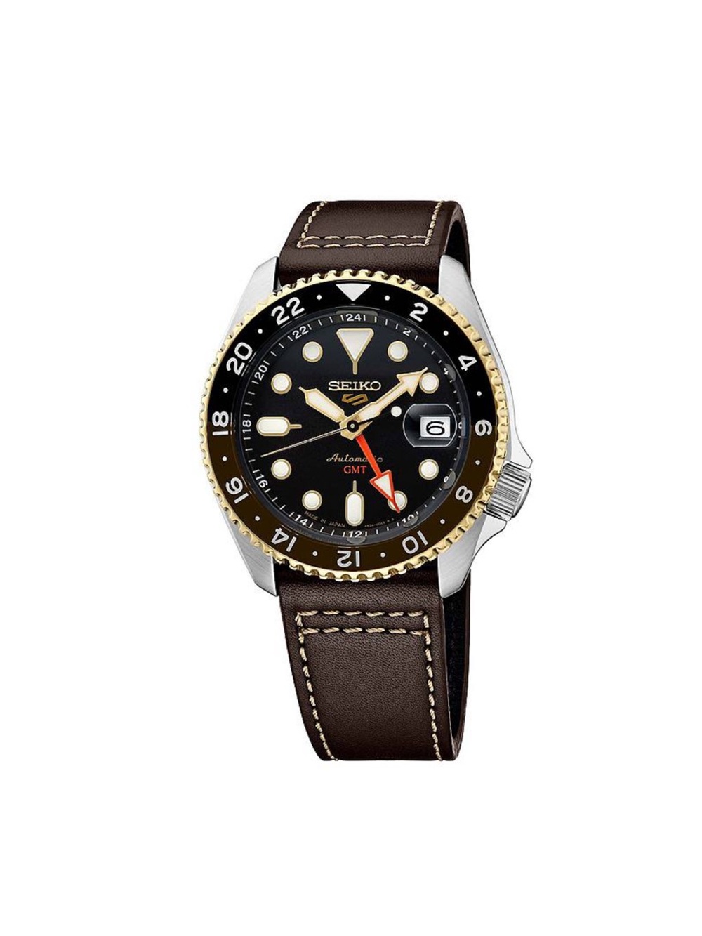 Seiko 5 Sports Men's 42.5mm Black Dial  GMT Leather Band Automatic Watch- SSK036